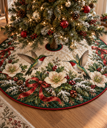 Delicate Quilted Hummingbird Tree Skirt — 48-Inch Winter Hummingbird Motif Christmas Cover For Elegant Nature-Themed Decor