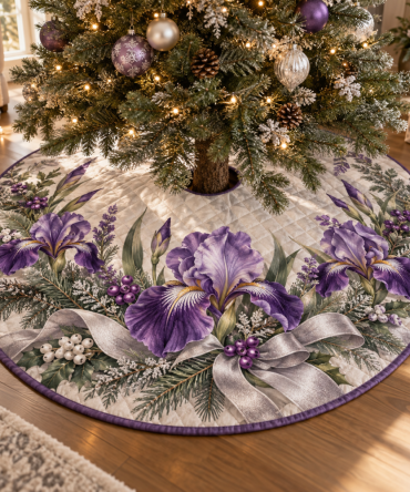 Elegant Winter Iris Quilted Tree Skirt — Premium Floral Christmas Tree Skirt, Soft Layered Cotton, Seasonal Home Accent