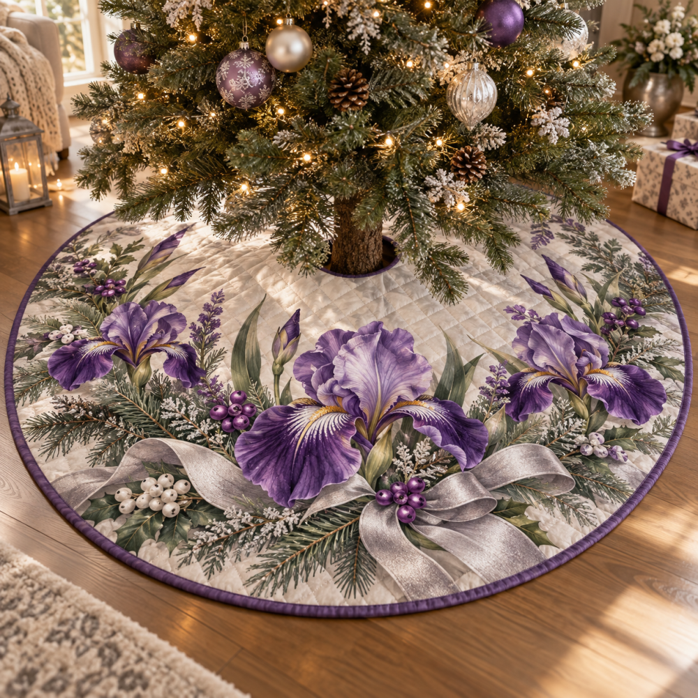 Elegant Winter Iris Quilted Tree Skirt — Premium Floral Christmas Tree Skirt, Soft Layered Cotton, Seasonal Home Accent