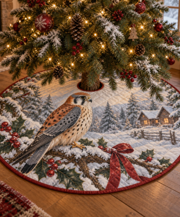 Handcrafted Quilted Christmas Tree Skirt — Winter Kestrel Design, 48" Premium Fabric, Insulated Lining, Machine-Washable Holiday Base