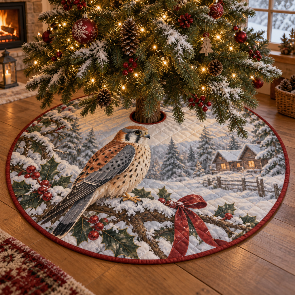 Handcrafted Quilted Christmas Tree Skirt — Winter Kestrel Design, 48" Premium Fabric, Insulated Lining, Machine-Washable Holiday Base