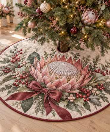 Regal Quilted King Protea Christmas Tree Skirt — Elegant Winter Floral Holiday Tree Skirt, Sophisticated Botanical Accent