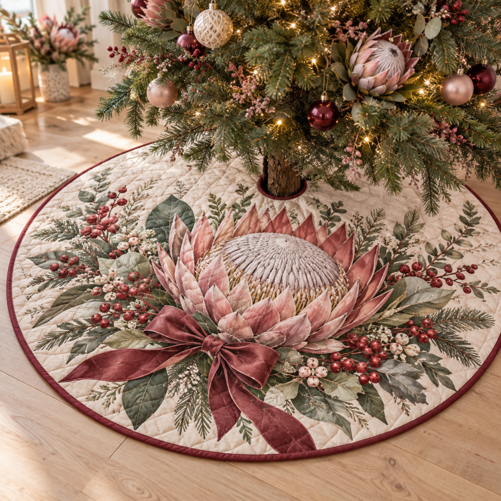 Regal Quilted King Protea Christmas Tree Skirt — Elegant Winter Floral Holiday Tree Skirt, Sophisticated Botanical Accent