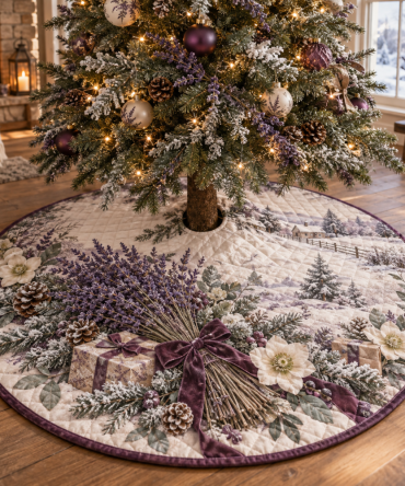 Soft Quilted Lavender Tree Skirt — 48-Inch Floral Lavender Motif Christmas Cover For Calming, Elegant Seasonal Decor