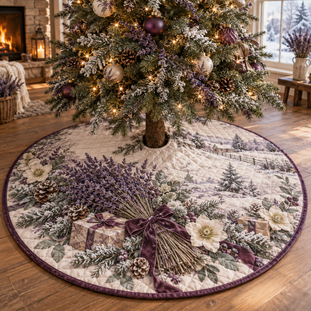 Soft Quilted Lavender Tree Skirt — 48-Inch Floral Lavender Motif Christmas Cover For Calming, Elegant Seasonal Decor