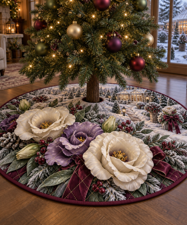 Luxurious Quilted Christmas Tree Skirt - Lisianthus Floral Print Holiday Tree Collar, 48 Inch Round, Cozy Living Room Accent