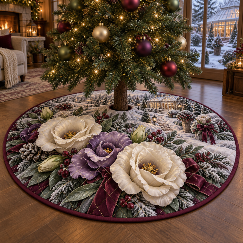 Luxurious Quilted Christmas Tree Skirt - Lisianthus Floral Print Holiday Tree Collar, 48 Inch Round, Cozy Living Room Accent