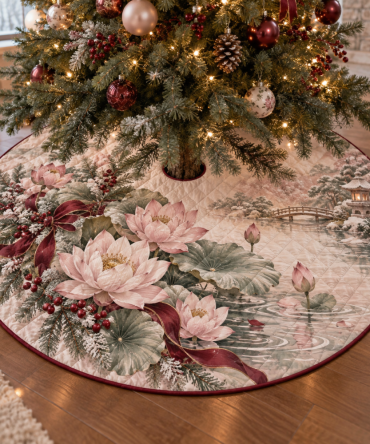 Serene Winter Lotus Quilted Christmas Tree Skirt - Tranquil Botanical Holiday Base, Elegant Quilting, Reversible & Machine-Friendly