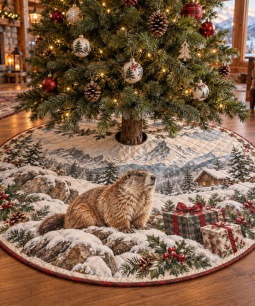 Plush Quilted Tree Skirt With Marmot Pattern - Premium Christmas Tree Base Cover, Soft Holiday Décor & Easy Care