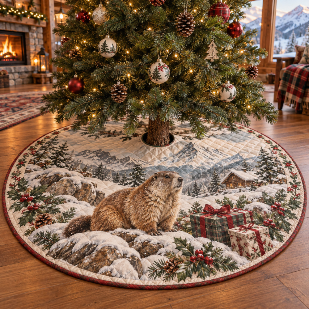 Plush Quilted Tree Skirt With Marmot Pattern - Premium Christmas Tree Base Cover, Soft Holiday Décor & Easy Care