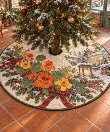 Winter Nasturtium Quilted Tree Skirt — Botanical Holiday Base Cover, Soft Quilting & Vibrant Floral Style For Festive Living Spaces And Photo-Ready Trees