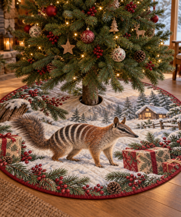 48-Inch Quilted Christmas Tree Skirt With Numbat Animal Motif — Unique Rustic Holiday Tree Skirt, Reversible & Easy Care