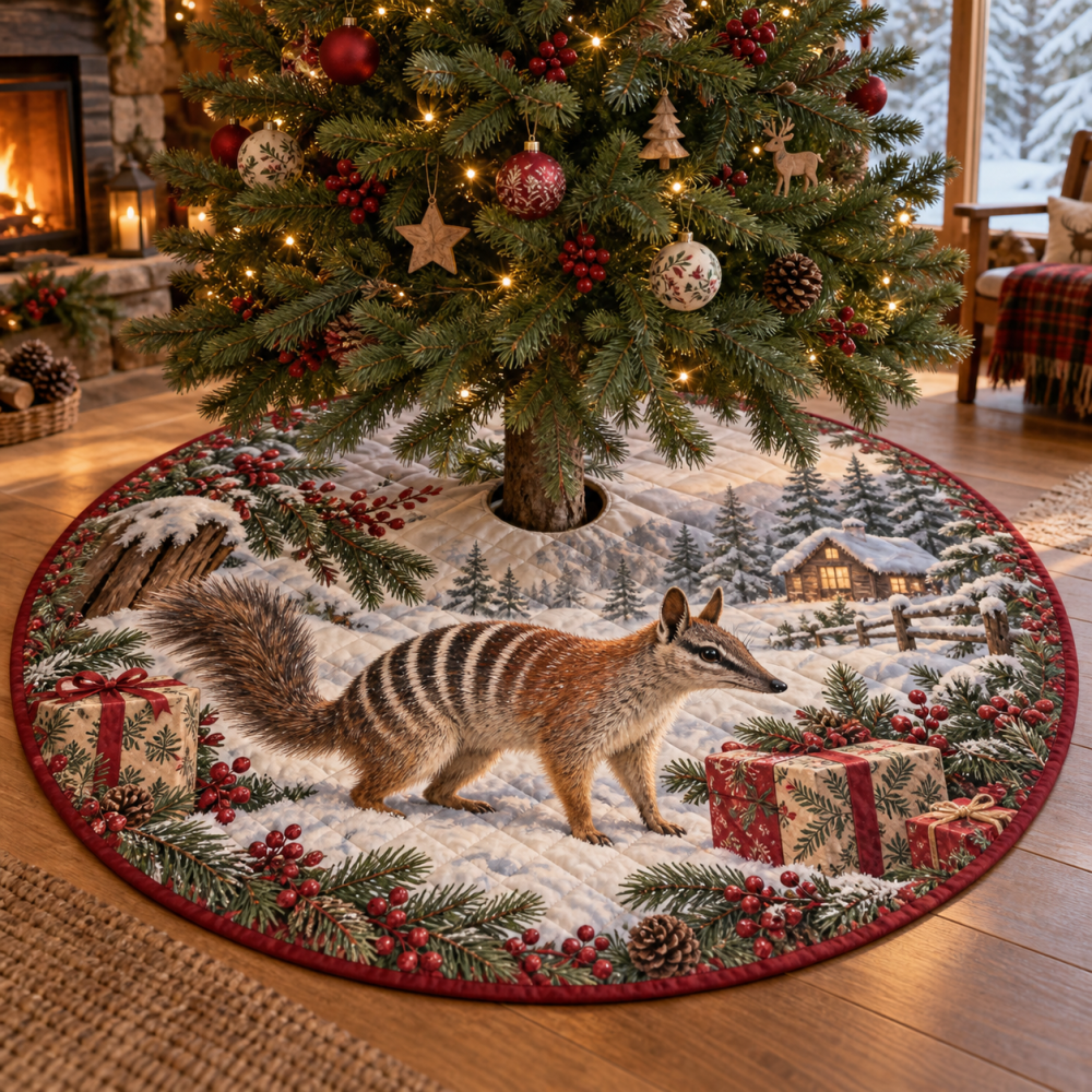 48-Inch Quilted Christmas Tree Skirt With Numbat Animal Motif — Unique Rustic Holiday Tree Skirt, Reversible & Easy Care