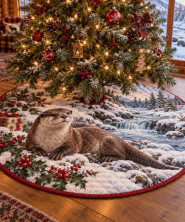 Playful Winter Otter Quilted Christmas Tree Skirt - Charming Aquatic Animal Holiday Base, Soft Quilting, Reversible & Easy Care