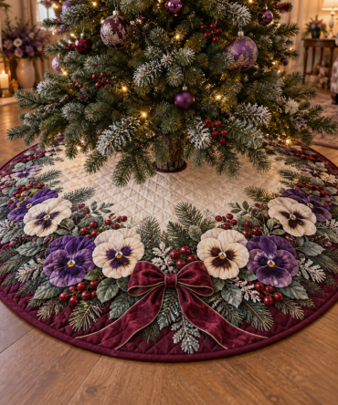 Charming Quilted Pansy Christmas Tree Skirt — Winter Floral Holiday Tree Skirt, Delicate Pansy Design In Soft Quilting