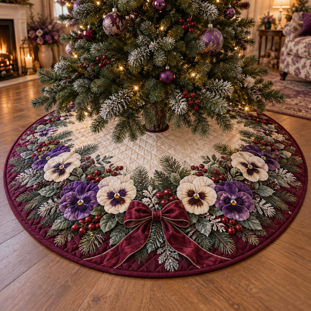Charming Quilted Pansy Christmas Tree Skirt — Winter Floral Holiday Tree Skirt, Delicate Pansy Design In Soft Quilting