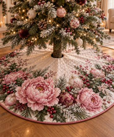 Elegant Winter Peony Quilted Christmas Tree Skirt - Luxurious Floral Holiday Base, Heavily Quilted, Reversible & Machine-Washable