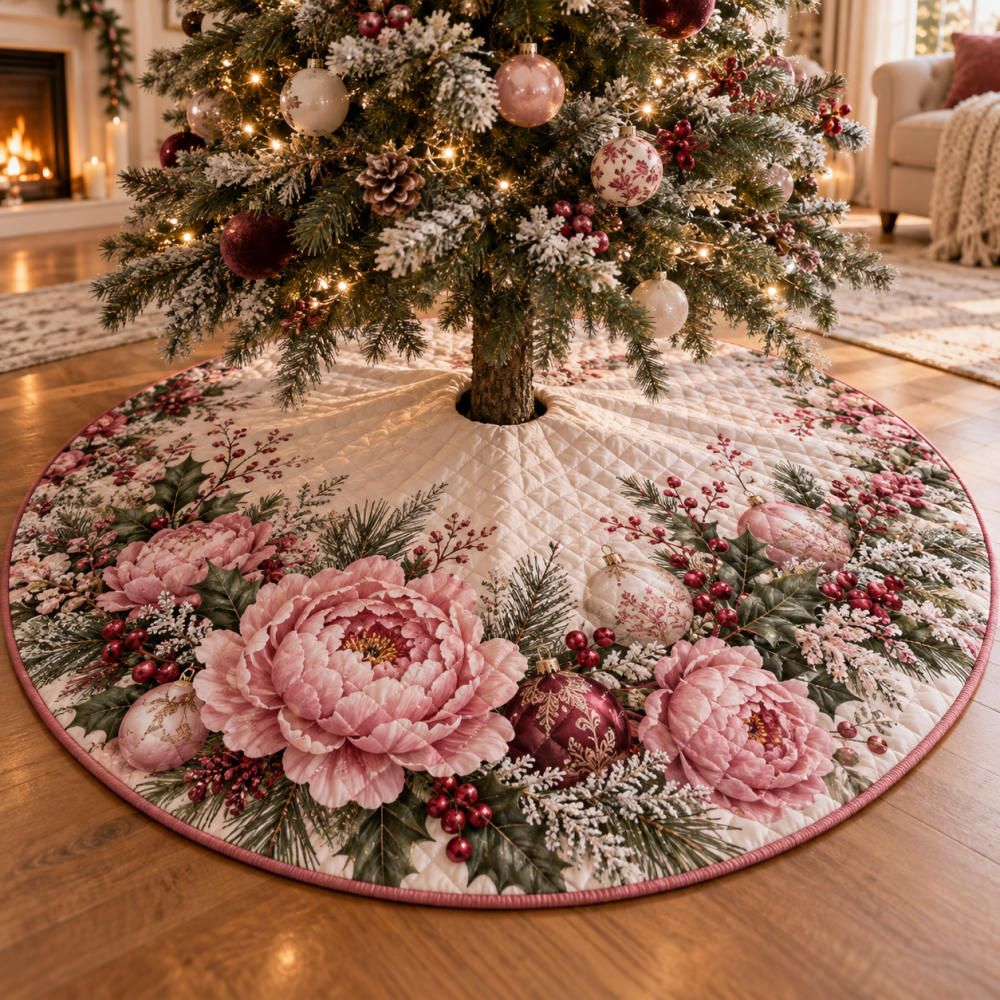 Elegant Winter Peony Quilted Christmas Tree Skirt - Luxurious Floral Holiday Base, Heavily Quilted, Reversible & Machine-Washable