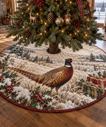 Rustic Quilted Pheasant Christmas Tree Skirt — Winter Woodland Holiday Skirt, Cozy Country Gamebird Motif For Cabin Decor