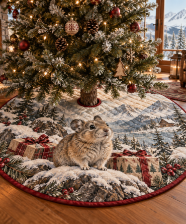 Plush Quilted Tree Skirt With Pika Pattern - Cozy Christmas Tree Base Cover, Soft Holiday Decor & Practical Easy Care