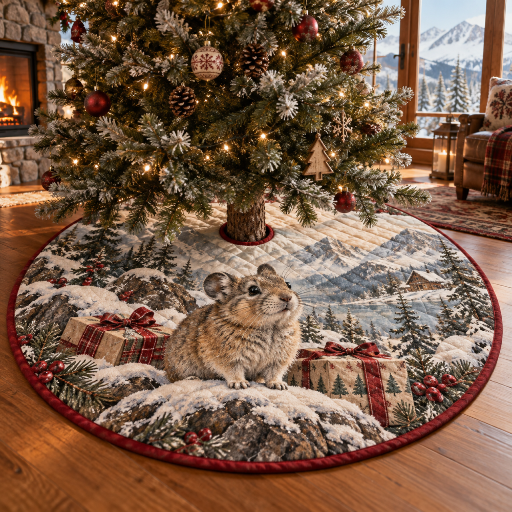 Plush Quilted Tree Skirt With Pika Pattern - Cozy Christmas Tree Base Cover, Soft Holiday Decor & Practical Easy Care