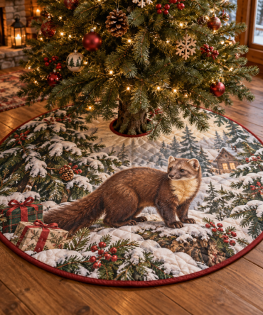 48-Inch Quilted Christmas Tree Skirt With Pine Marten Illustration — Woodland Holiday Tree Skirt, Durable, Reversible & Easy Care
