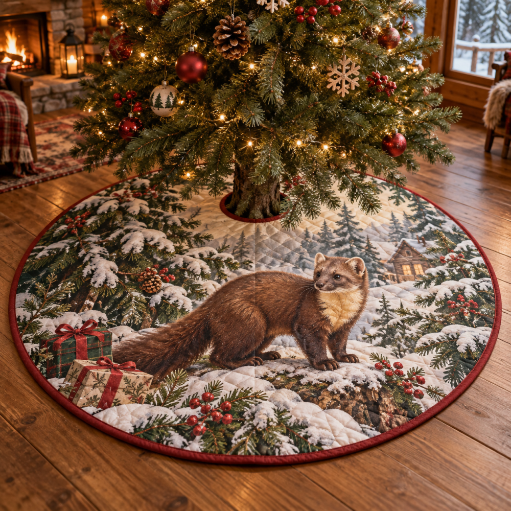 48-Inch Quilted Christmas Tree Skirt With Pine Marten Illustration — Woodland Holiday Tree Skirt, Durable, Reversible & Easy Care
