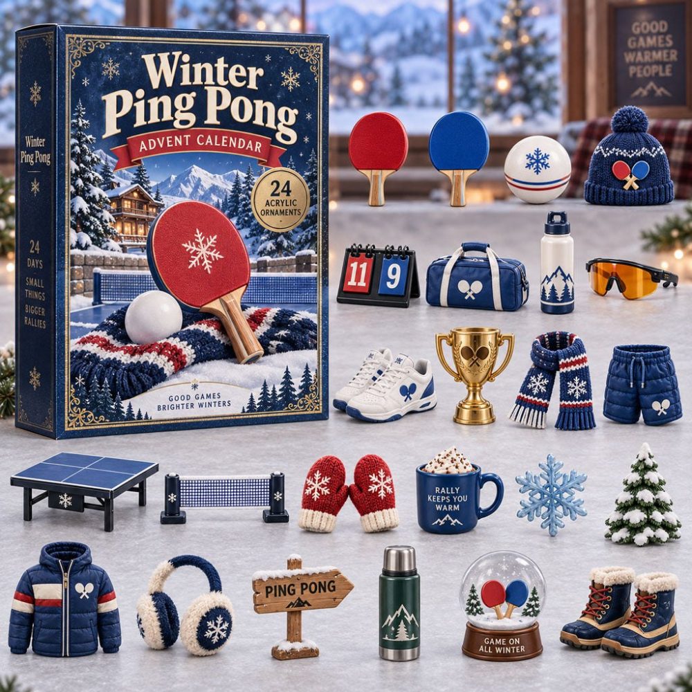 Winter Ping Pong 24-Day Advent Calendar 2026 — Acrylic Paddle & Ball Charms, Sports-Themed Countdown Gift For Players & Fans