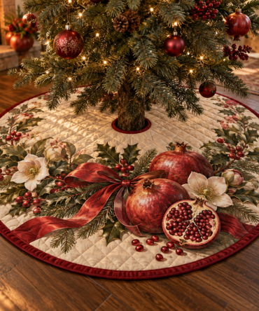 Handcrafted Quilted Pomegranate Tree Skirt For Christmas – 48-Inch Winter Holiday Tree Cover For Elegant Home Decor