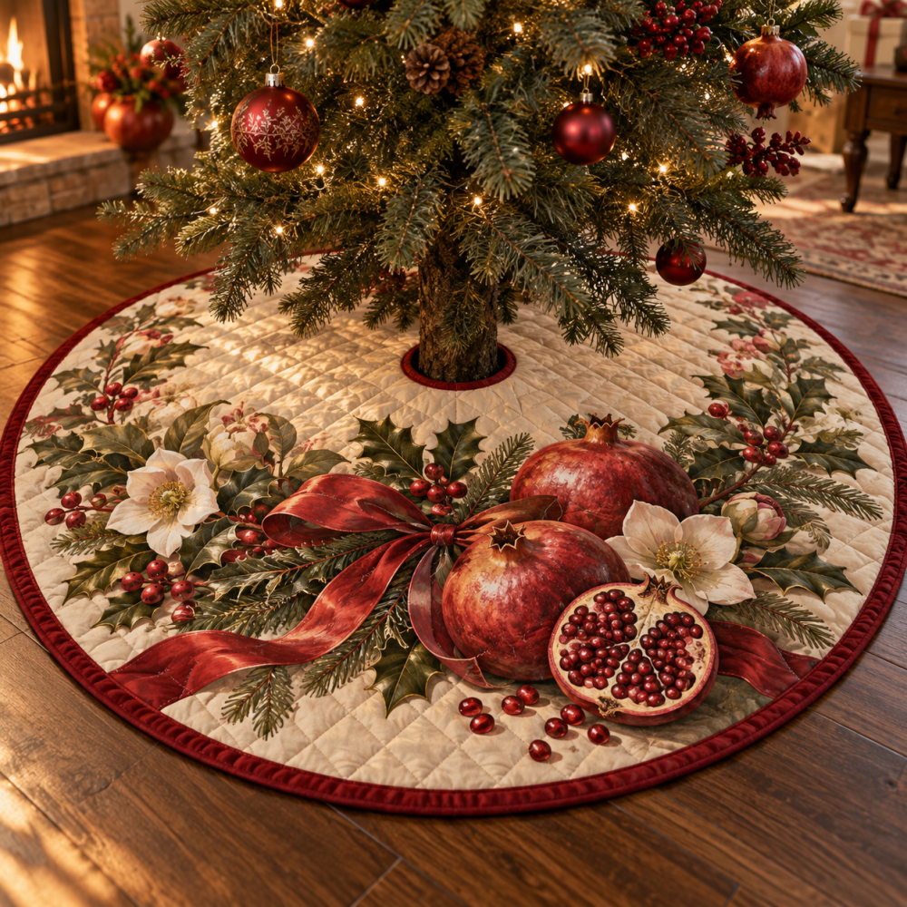 Handcrafted Quilted Pomegranate Tree Skirt For Christmas – 48-Inch Winter Holiday Tree Cover For Elegant Home Decor
