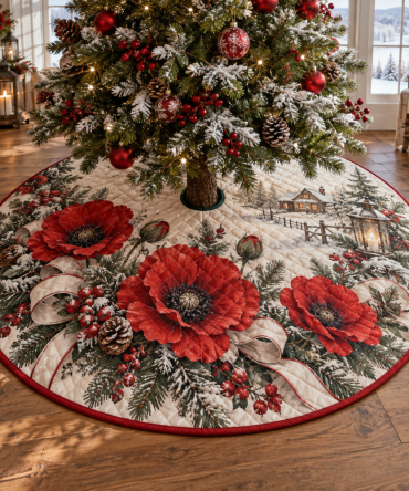 Winter Poppy Quilted Christmas Tree Skirt — Elegant Floral Base Cover, Soft Quilting For Festive Styling & Photo-Ready Holiday Displays