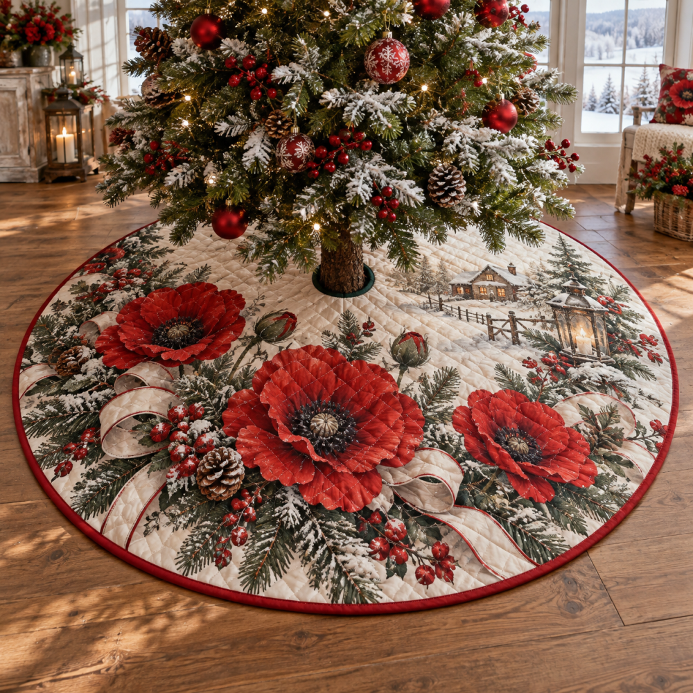 Winter Poppy Quilted Christmas Tree Skirt — Elegant Floral Base Cover, Soft Quilting For Festive Styling & Photo-Ready Holiday Displays
