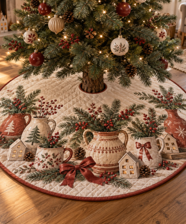 Winter Pottery Quilted Christmas Tree Skirt — Pottery & Ceramics Holiday Décor, Handmade-Look Quilting, Soft Cotton-Blend, Gift For Artisans