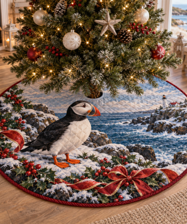 Coastal Winter Puffin Quilted Tree Skirt — Nautical Christmas Tree Skirt With Puffin Motif, Soft Quilted Cotton, Cozy Holiday Style