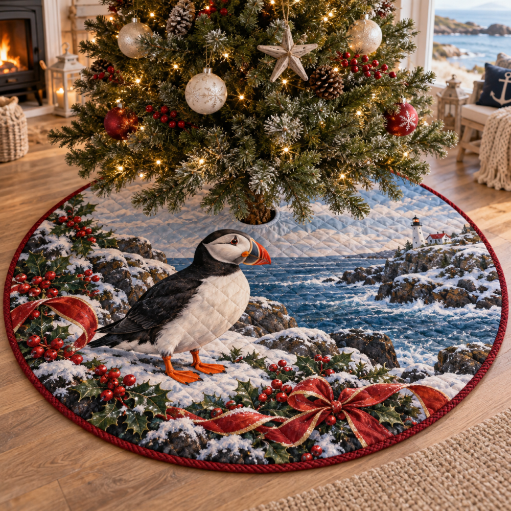 Coastal Winter Puffin Quilted Tree Skirt — Nautical Christmas Tree Skirt With Puffin Motif, Soft Quilted Cotton, Cozy Holiday Style