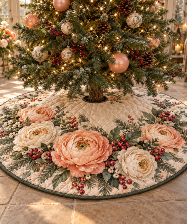 Plush Quilted Tree Skirt With Ranunculus Floral - Elegant Christmas Tree Base Cover, Soft Holiday Accent & Low-Maintenance Care