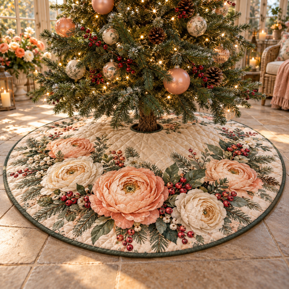 Plush Quilted Tree Skirt With Ranunculus Floral - Elegant Christmas Tree Base Cover, Soft Holiday Accent & Low-Maintenance Care