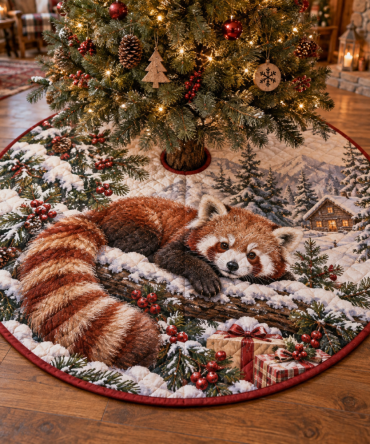 Adorable Winter Red Panda Quilted Tree Skirt — Cute Wildlife Christmas Tree Skirt, Soft Plush Cotton Blend, Cozy Holiday Accent