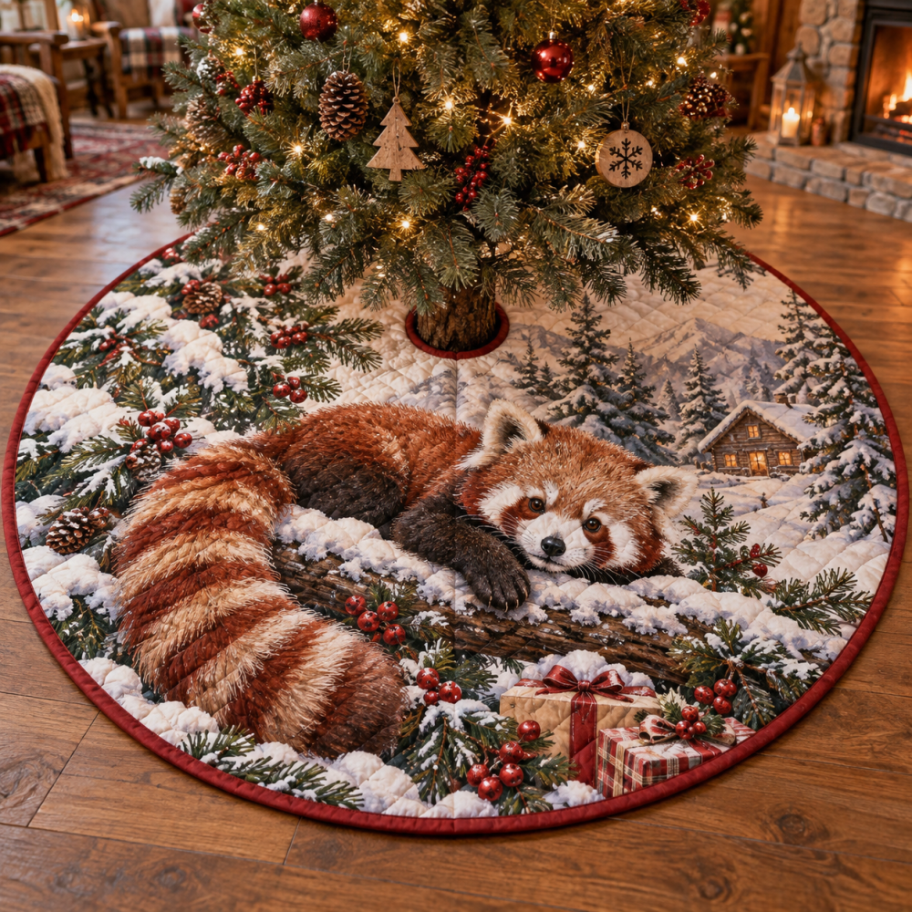 Adorable Winter Red Panda Quilted Tree Skirt — Cute Wildlife Christmas Tree Skirt, Soft Plush Cotton Blend, Cozy Holiday Accent