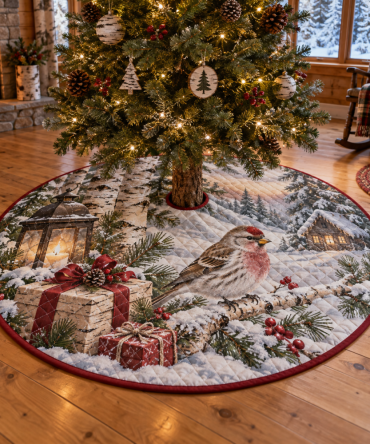 Cozy Quilted Tree Skirt — Winter Redpoll Bird Design, Soft Patchwork Christmas Base Cover To Enhance Festive Home Ambiance