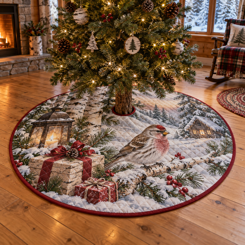 Cozy Quilted Tree Skirt — Winter Redpoll Bird Design, Soft Patchwork Christmas Base Cover To Enhance Festive Home Ambiance