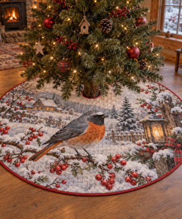 Winter Redstart Quilted Tree Skirt — Charming Bird-Inspired Holiday Base Cover, Soft Quilting For Cozy Seasonal Styling & Easy Display Prep