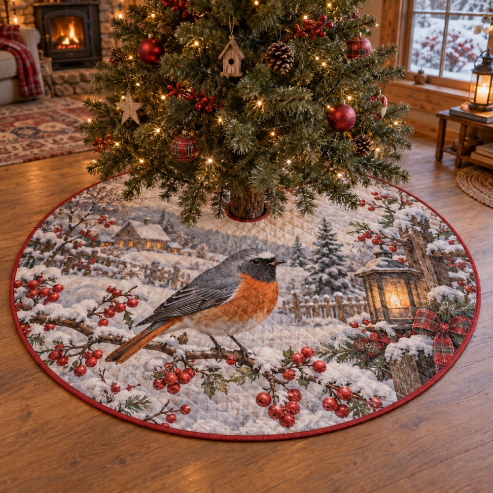 Winter Redstart Quilted Tree Skirt — Charming Bird-Inspired Holiday Base Cover, Soft Quilting For Cozy Seasonal Styling & Easy Display Prep