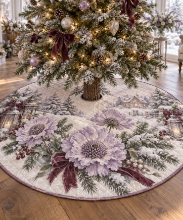 Winter Scabiosa Quilted Tree Skirt — Elegant Floral Holiday Base Cover, Plush Quilting For Festive Home Styling & Easy Care Seasonal Accent
