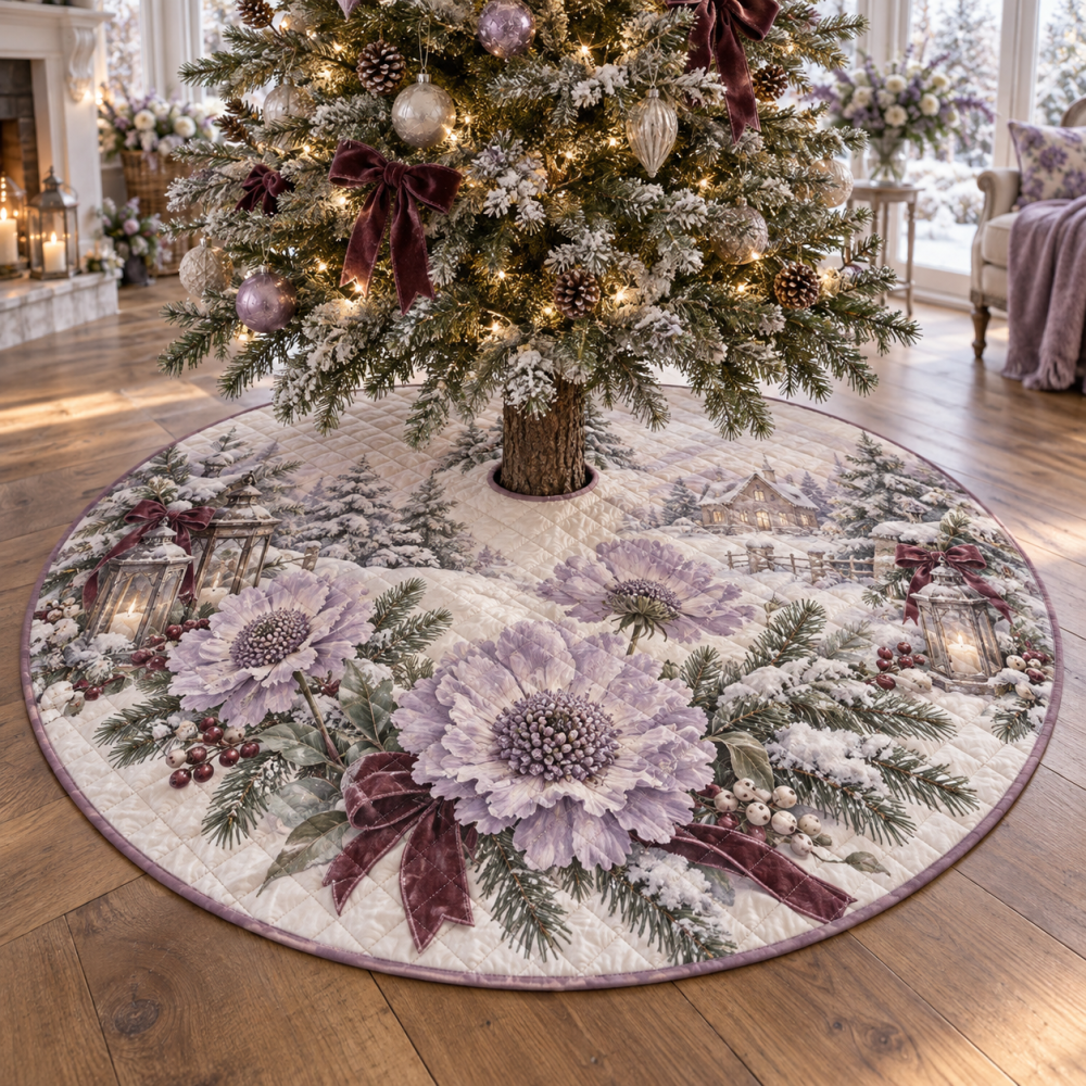 Winter Scabiosa Quilted Tree Skirt — Elegant Floral Holiday Base Cover, Plush Quilting For Festive Home Styling & Easy Care Seasonal Accent