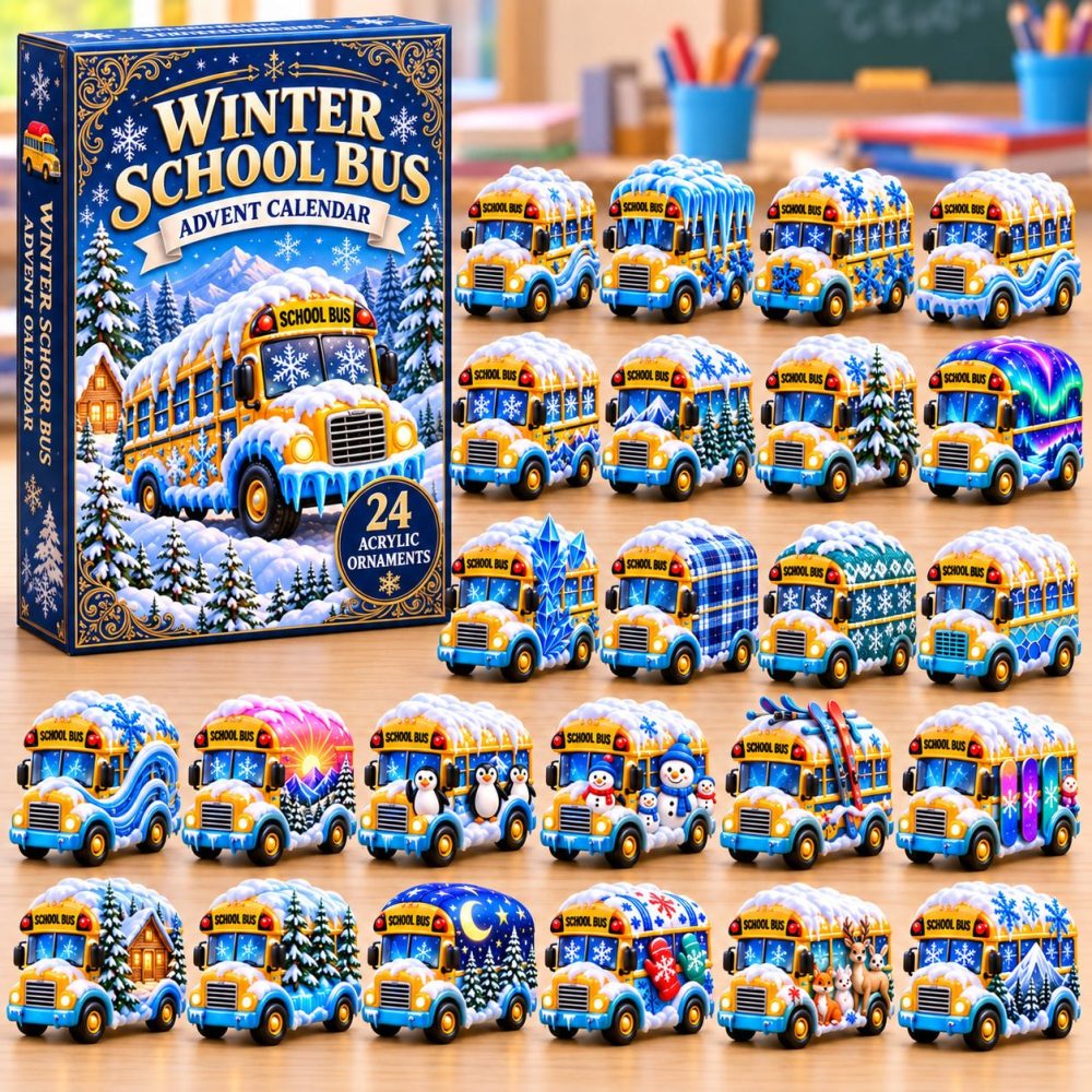 2026 Winter School Bus Advent Calendar: 24-Day Holiday Countdown With 24 Acrylic Charms — Kids Gift, Classroom & Family Decor