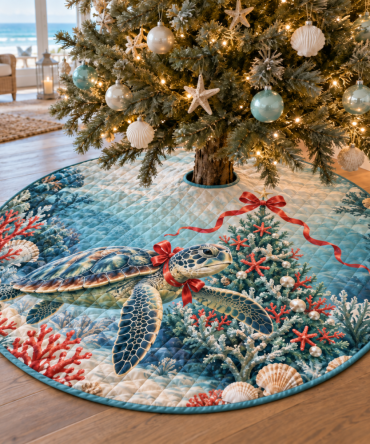 Coastal Quilted Sea Turtle Christmas Tree Skirt — Winter Nautical Holiday Tree Skirt, Soft Quilted Fabric For Beachy Festive Decor