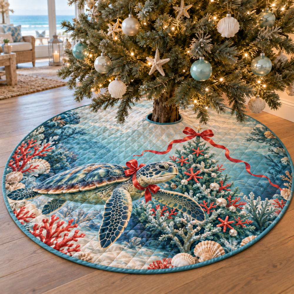 Coastal Quilted Sea Turtle Christmas Tree Skirt — Winter Nautical Holiday Tree Skirt, Soft Quilted Fabric For Beachy Festive Decor