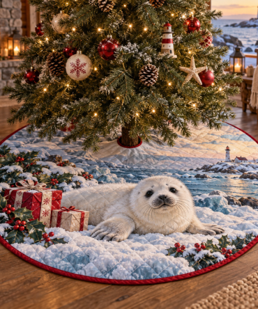 Cozy Winter Seal Pup Quilted Christmas Tree Skirt - Adorable Coastal Holiday Accent, Soft Plush, Reversible & Easy Care