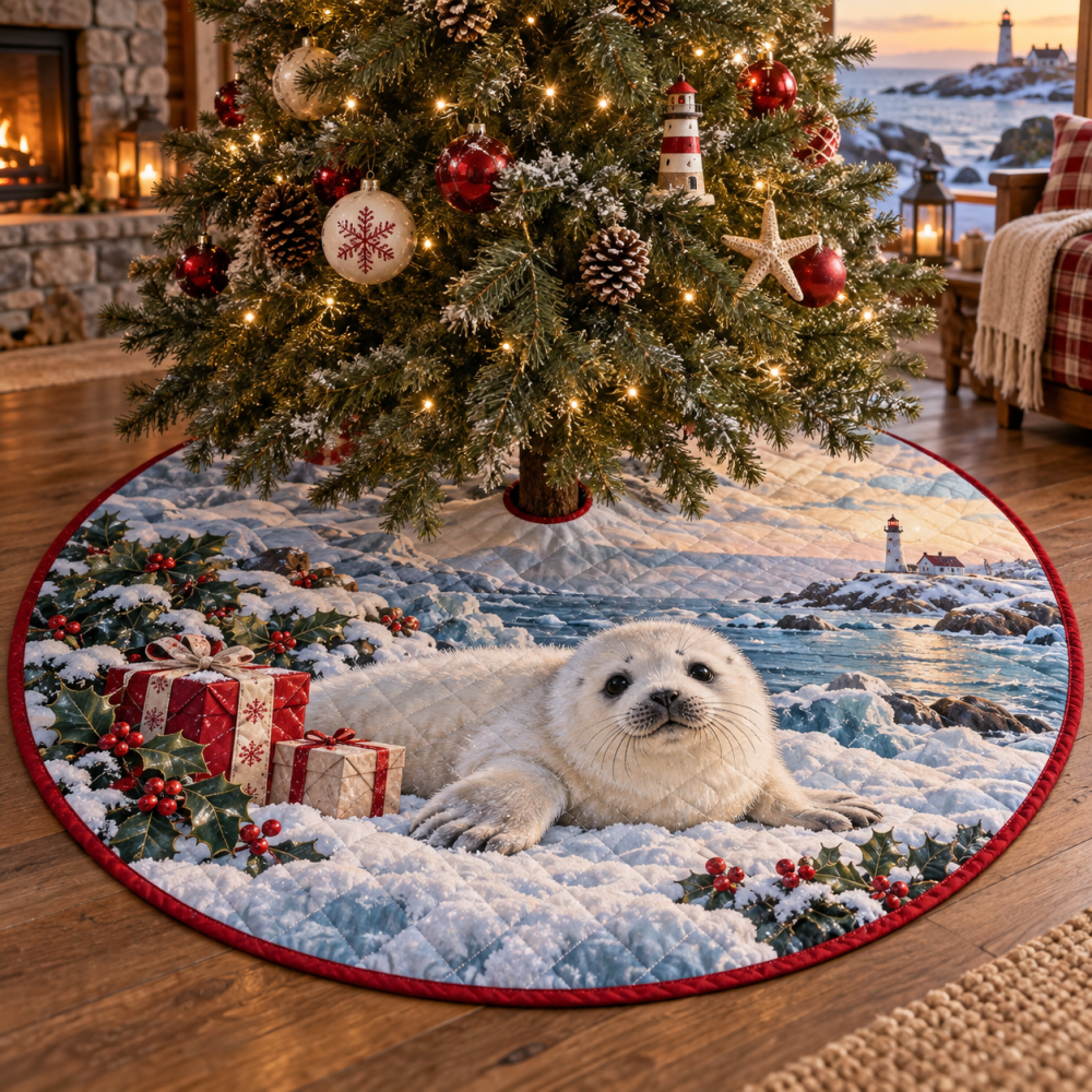 Cozy Winter Seal Pup Quilted Christmas Tree Skirt - Adorable Coastal Holiday Accent, Soft Plush, Reversible & Easy Care